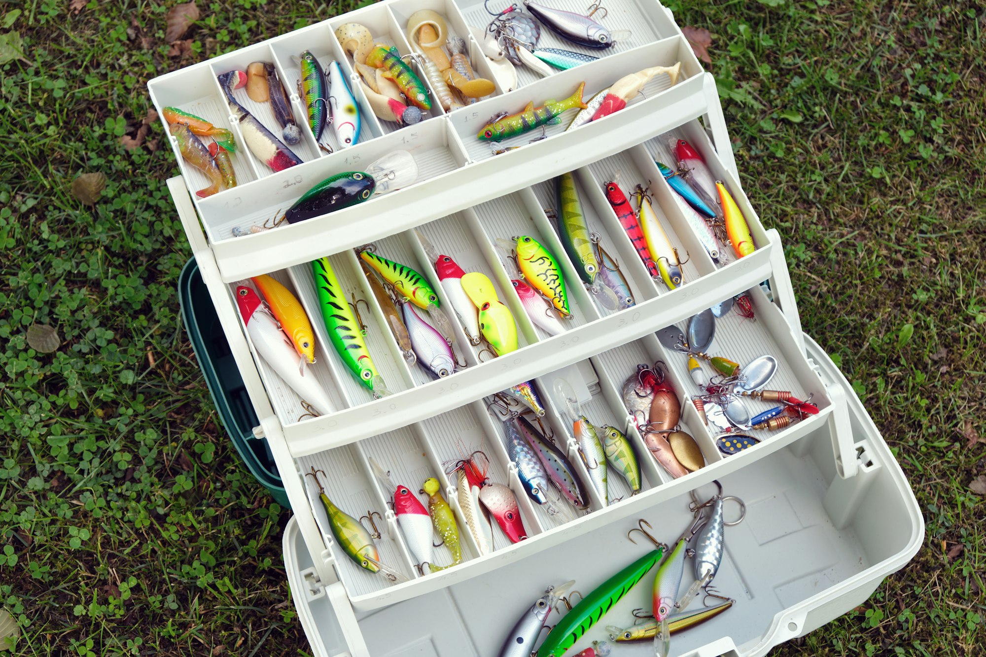 Set of fishing lures in tackle box